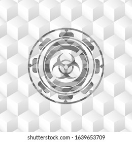 biohazard icon inside realistic grey emblem with cube white background