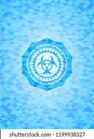 biohazard icon inside realistic light blue mosaic emblem