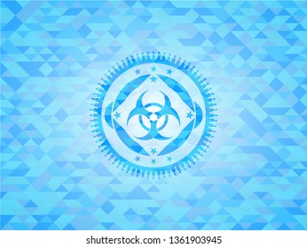 biohazard icon inside realistic light blue emblem. Mosaic background
