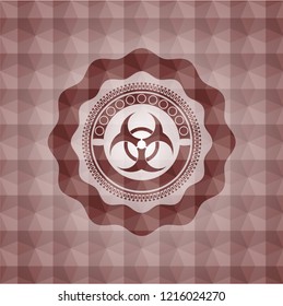 biohazard icon inside red badge with geometric pattern background. Seamless.