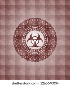 biohazard icon inside red emblem or badge with geometric pattern background. Seamless.