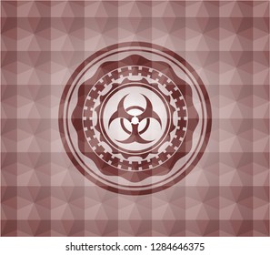 biohazard icon inside red seamless emblem or badge with abstract geometric pattern background.