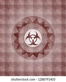 biohazard icon inside red seamless emblem or badge with abstract geometric polygonal pattern background.