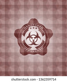biohazard icon inside red seamless emblem with geometric pattern background.