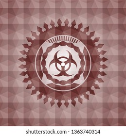 biohazard icon inside red seamless emblem or badge with abstract geometric polygonal pattern background.