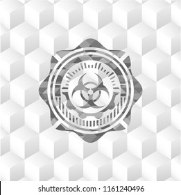biohazard icon inside retro style grey emblem with geometric cube white background