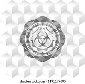 biohazard icon inside retro style grey emblem with geometric cube white background