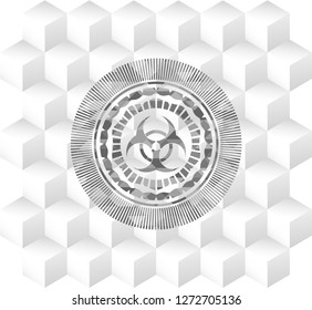 biohazard icon inside retro style grey emblem with geometric cube white background