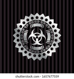 biohazard icon inside silver badge or emblem