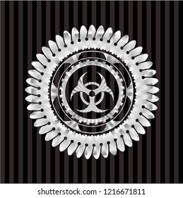 biohazard icon inside silver emblem or badge