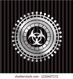 biohazard icon inside silvery badge or emblem