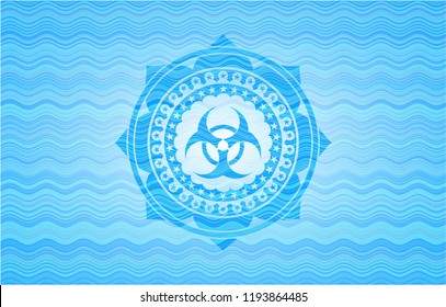 biohazard icon inside sky blue water style emblem.