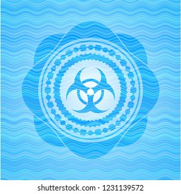 biohazard icon inside sky blue water badge background.