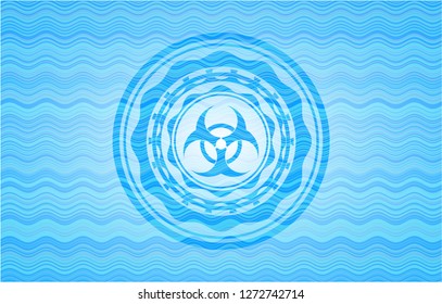 biohazard icon inside sky blue water wave style badge.
