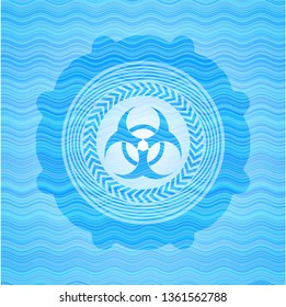 biohazard icon inside sky blue water emblem background.
