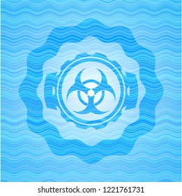 biohazard icon inside water wave badge background.