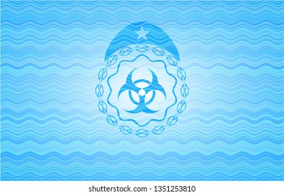 biohazard icon inside water wave badge background.
