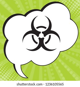Biohazard icon. Vector. Black icon in speech bubble at popart yellow green background.