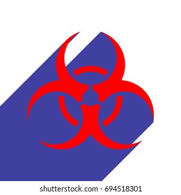 Biohazard icon. Vector. Red flat style icon with dark blue long shadow on white background.