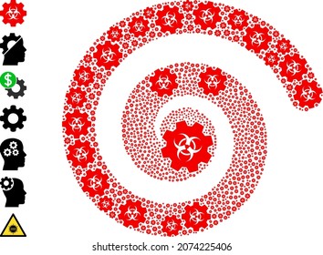 Biohazard industry icon spiral centrifugal collage. Biohazard industry icons are combined into curl vector illustration. Object curl done from randomly allocated biohazard industry icons.