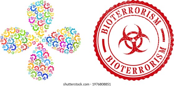 Biohazard industry multi colored centrifugal flower with four petals, and red round BIOTERRORISM corroded stamp. Biohazard industry symbol inside round stamp imitation.