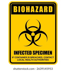 BIOHAZARD, infected specimen, if container is breached, contact local health authorities, sign vector
