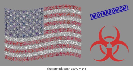 Biohazard items are organized into USA flag mosaic with blue rectangle distressed stamp watermark of Bioterrorism caption. Vector collage of USA waving flag is organized from biohazard items.
