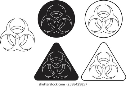 Conjunto de iconos de línea de riesgo biológico. Señales de advertencia para materiales peligrosos, precauciones de seguridad. Riesgo de radiactividad, signos nucleares y tóxicos. Vector triangular de advertencia química aislado sobre fondo transparente.