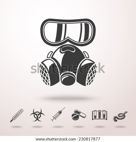 Biohazard mask icon in the air with shadow. With set of health and contamination (viruses, ebola) icons - thermometer, pills, bio hazard sign, syringe, test-tubes, gas mask, ebola virus. Vector