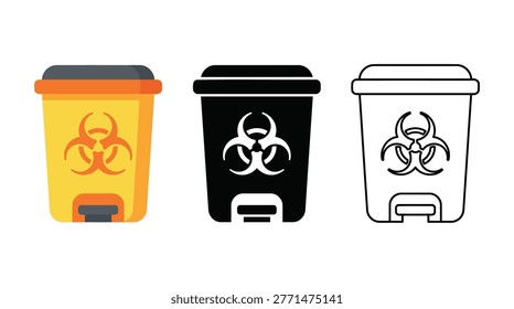 Biohazard medical waste bin featuring hazard symbol. Professional vector icon pack showing biological risk disposal container in flat solid and linear artistic designs.