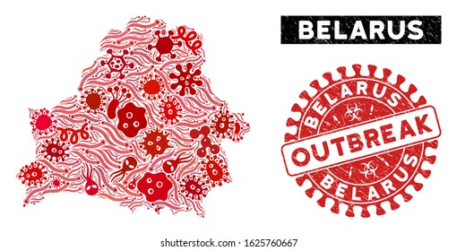Biohazard mosaic Belarus map and red distressed stamp seal with OUTBREAK text. Belarus map collage formed with scattered pathogen symbols. Red round OUTBREAK seal stamp with dirty texture.