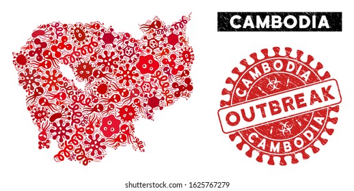 Biohazard mosaic Cambodia map and red distressed stamp seal with OUTBREAK words. Cambodia map collage composed with scattered pathogen elements. Red rounded OUTBREAK seal stamp with grunge texture.