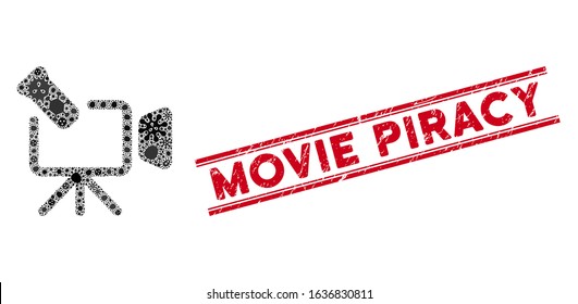 Biohazard mosaic camcorder icon and red Movie Piracy seal stamp between double parallel lines. Mosaic vector is formed with camcorder pictogram and with randomized virus objects.