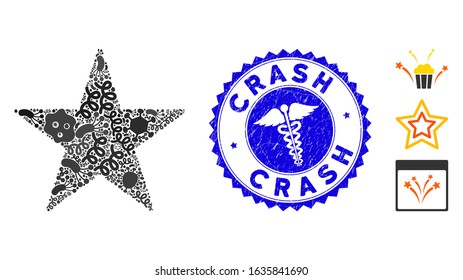 Biohazard mosaic confetti star icon and rounded rubber stamp seal with Crash phrase and medic sign. Mosaic vector is formed with confetti star icon and with randomized infectious items.