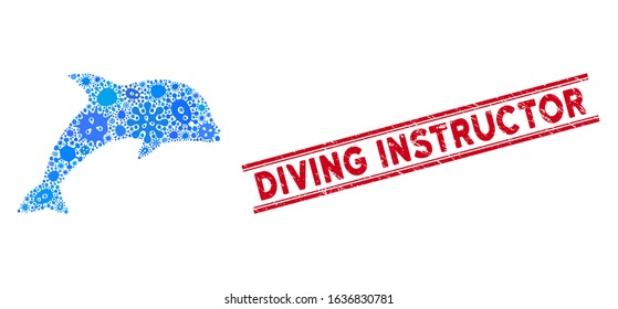 Biohazard mosaic dolphin icon and red Diving Instructor seal between double parallel lines. Mosaic vector is composed with dolphin icon and with random viral elements.