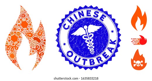 Biohazard mosaic fire flame icon and rounded grunge stamp seal with Chinese Outbreak caption and doctor symbol. Mosaic vector is designed with fire flame pictogram and with scattered bacteria symbols.