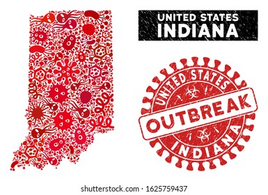 Biohazard mosaic Indiana State map and red rubber stamp seal with OUTBREAK phrase. Indiana State map collage constructed with scattered microorganism items.