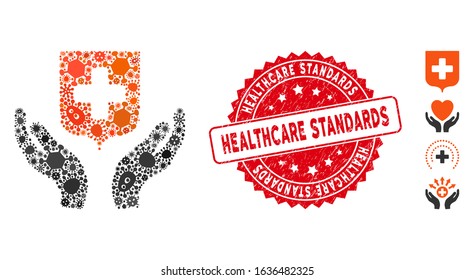 Biohazard mosaic medical shield care hands icon and round rubber stamp seal with Healthcare Standards phrase.