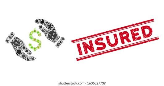 Biohazard mosaic money insurance hands icon and red Insured stamp between double parallel lines. Mosaic vector is created with money insurance hands icon and with scattered microorganism icons.