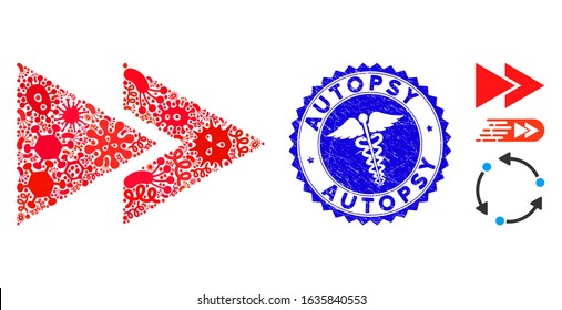 Biohazard mosaic rewind forward icon and round rubber stamp seal with Autopsy text and health care icon. Mosaic vector is formed with rewind forward icon and with randomized bacillus objects.