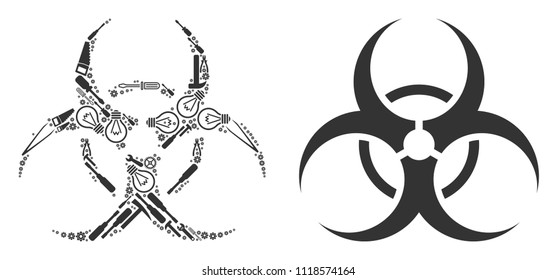 Biohazard mosaic of service instruments. Vector biohazard icon is constructed of gears, hammers and other equipment items. Concept of industrial work.