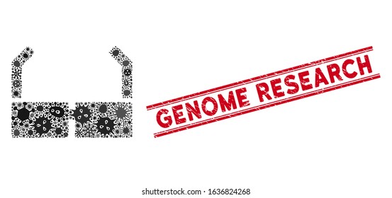 Biohazard mosaic spectacles icon and red Genome Research stamp between double parallel lines. Mosaic vector is formed with spectacles icon and with random bacillus objects.