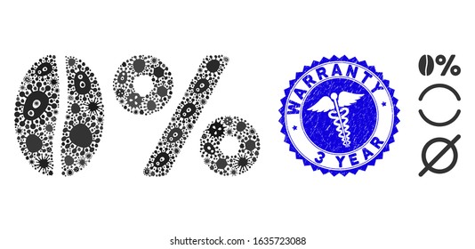Biohazard mosaic zero caffeine icon and round rubber stamp seal with Warranty 3 Year text and healthcare icon. Mosaic vector is created from zero caffeine icon and with scattered infection elements.