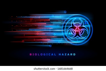 Biohazard neon light sign, biological hazard danger warning vector background. Bio hazard red blue symbol, chemical toxic, virus and bacterial dangerous waste, biohazard contamination restricted zone