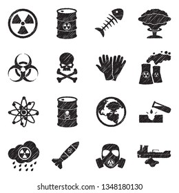 Biohazard And Nuclear Icons. Black Scribble Design. Vector Illustration.