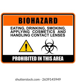 Biohazard, prohibited in this area, no eating, drinking, smoking, applying cosmetics and handling contact lenses, poster vector