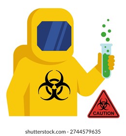 Biohazard protection, scientist in protective suit, chemical research, dangerous substance caution.