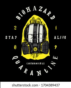 Biohazard quarantine t-shirt print with skull wearing gas mask and protection suit.