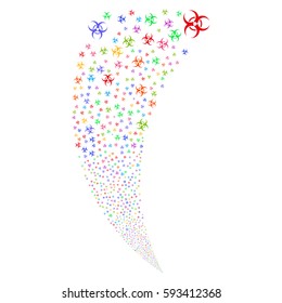Biohazard random fireworks stream. Vector illustration style is flat bright multicolored iconic symbols on a white background. Object fountain constructed from scattered design elements.