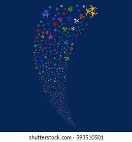 Biohazard random fireworks stream. Vector illustration style is flat bright multicolored iconic symbols on a blue background. Object fountain done from scattered design elements.